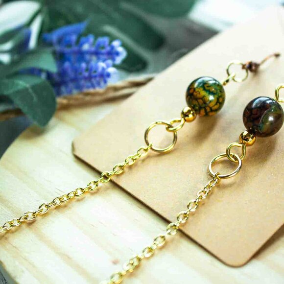 Emerald Green Agate Bead Dangle Earrings with Gold Chain - Picture 3 of 12